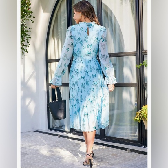 Women's Floral Midi Dress Puff Long Sleeve Ruffle A-Line Pleated Belted Dress - Picture 2 of 8